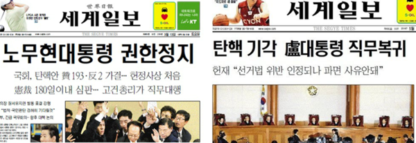 국회의 노무현 대통령 탄핵소추 결정에 대해 헌법재판소가 기각결정을 내렸다.